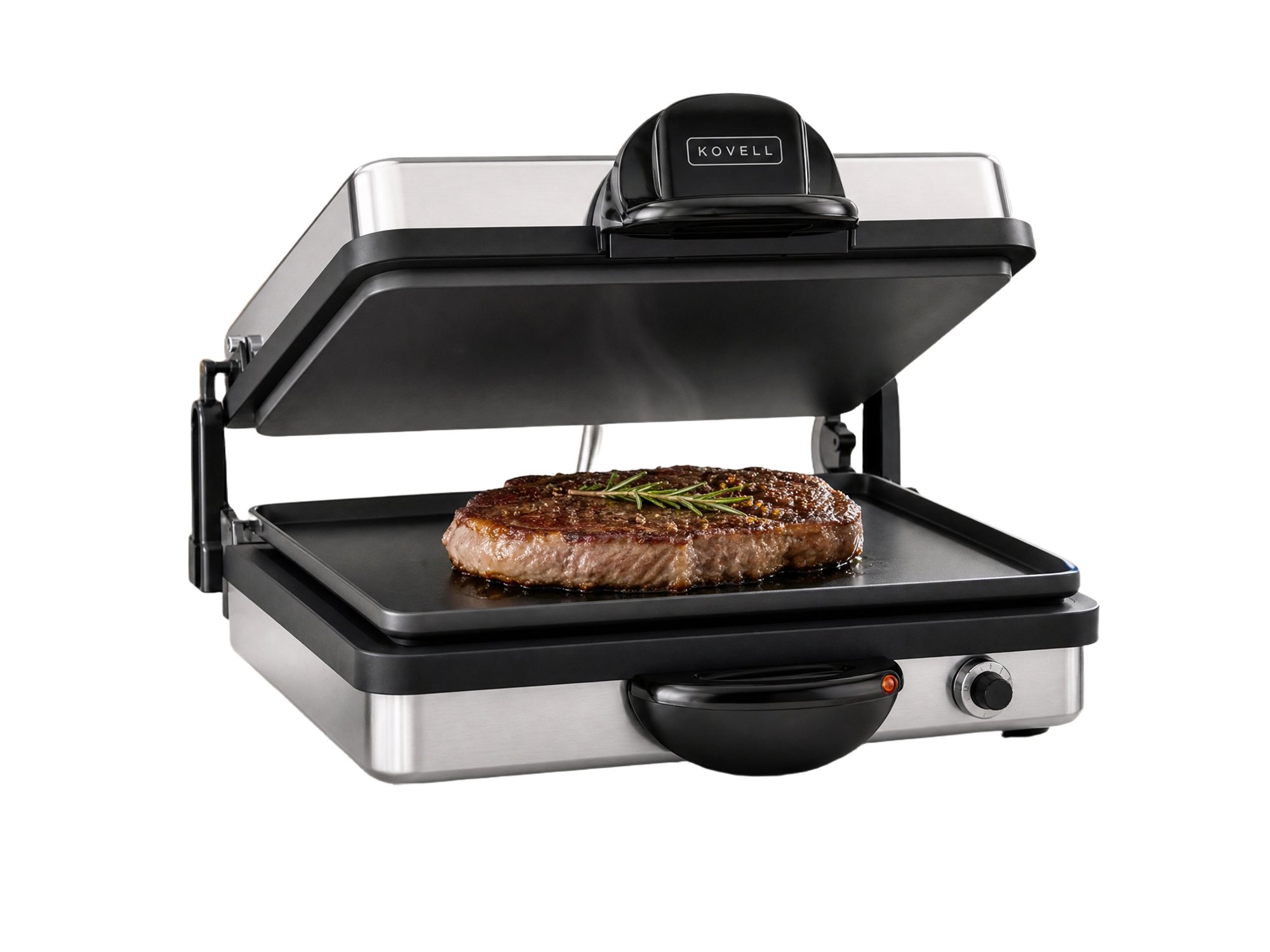 KOVELL Grillmaster geöffnet mit saftigem Steak