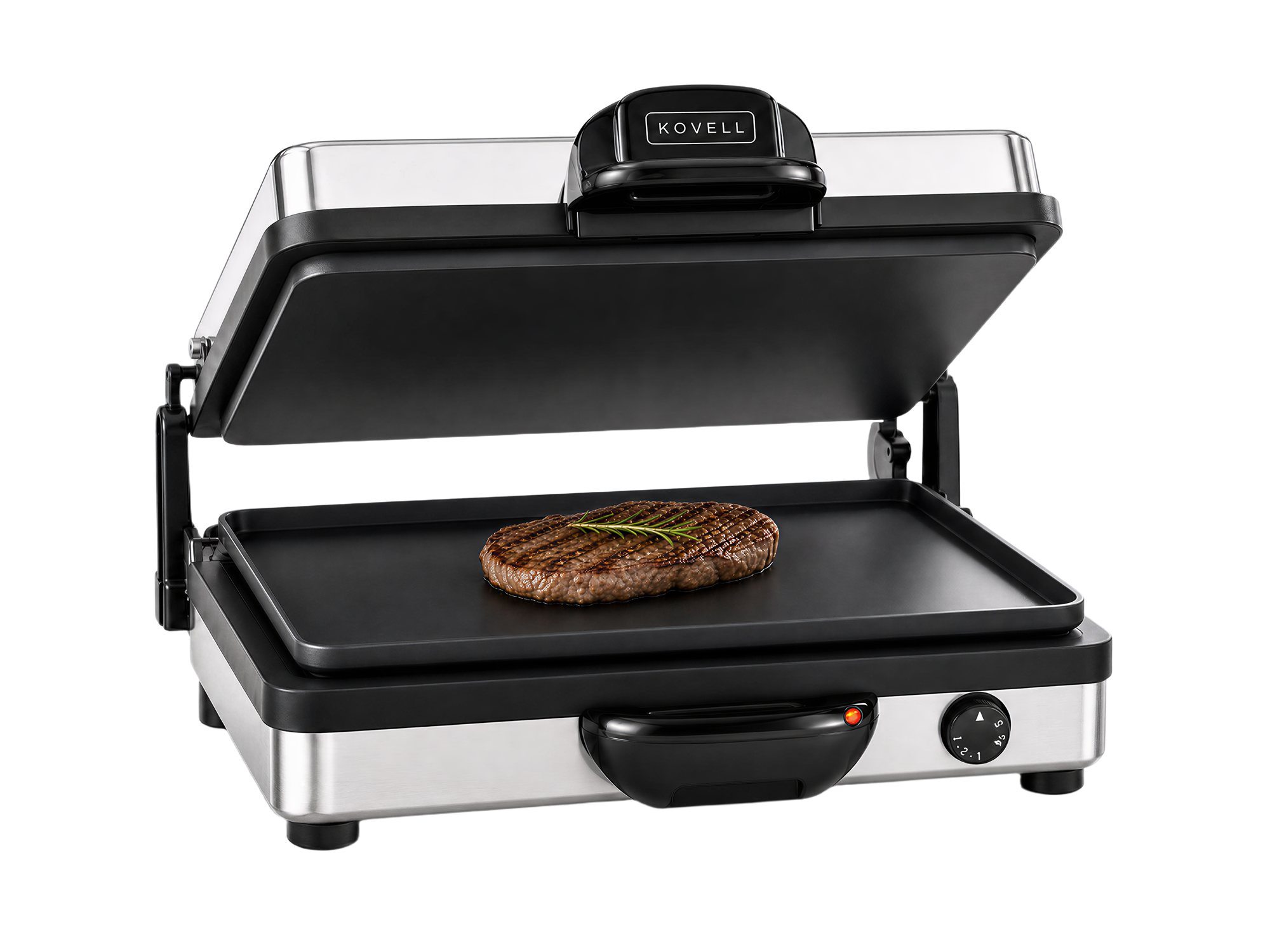 KOVELL Grillmaster geöffnet mit gegrilltem Steak