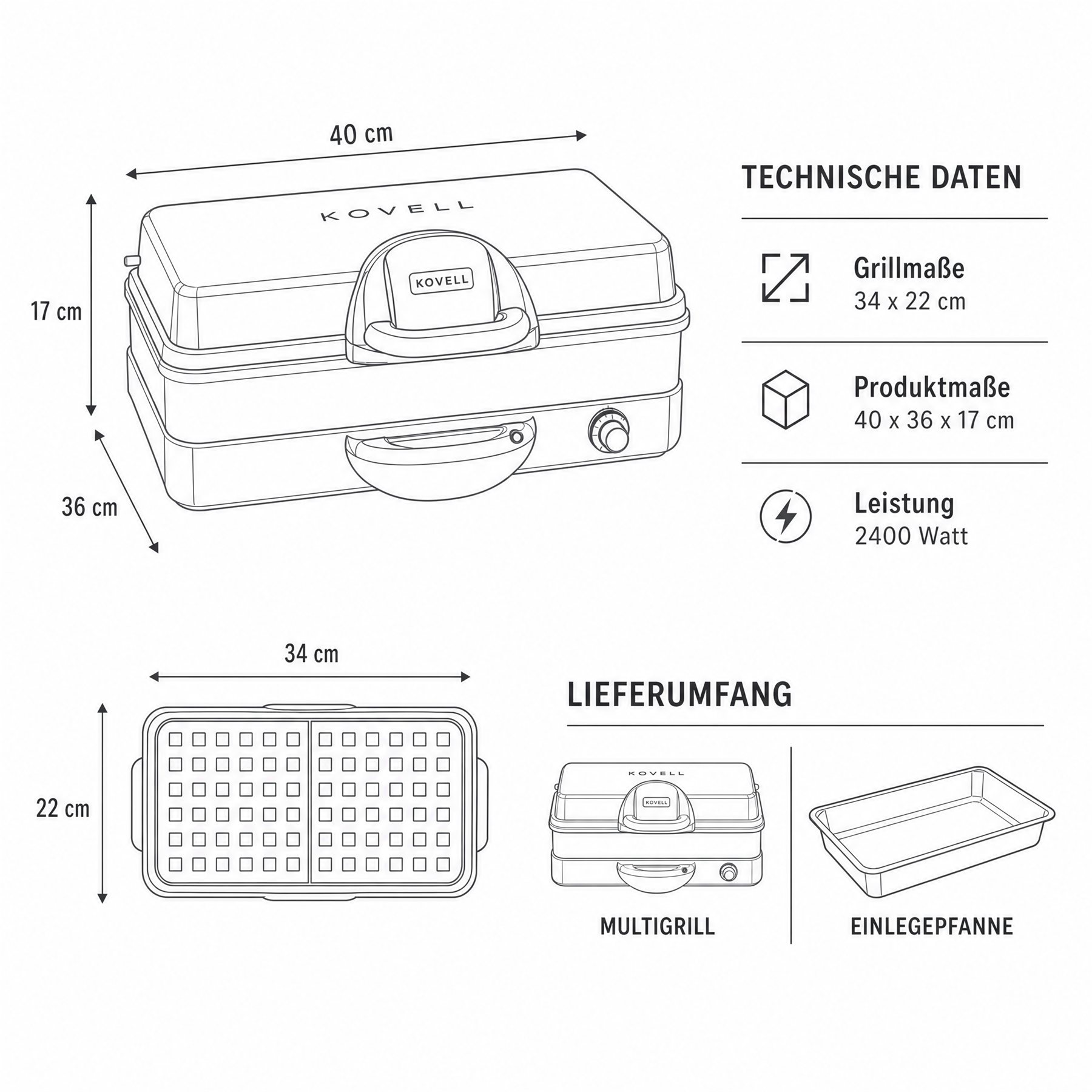 Technische Zeichnung des KOVELL Multigrills mit Maßen und Lieferumfang